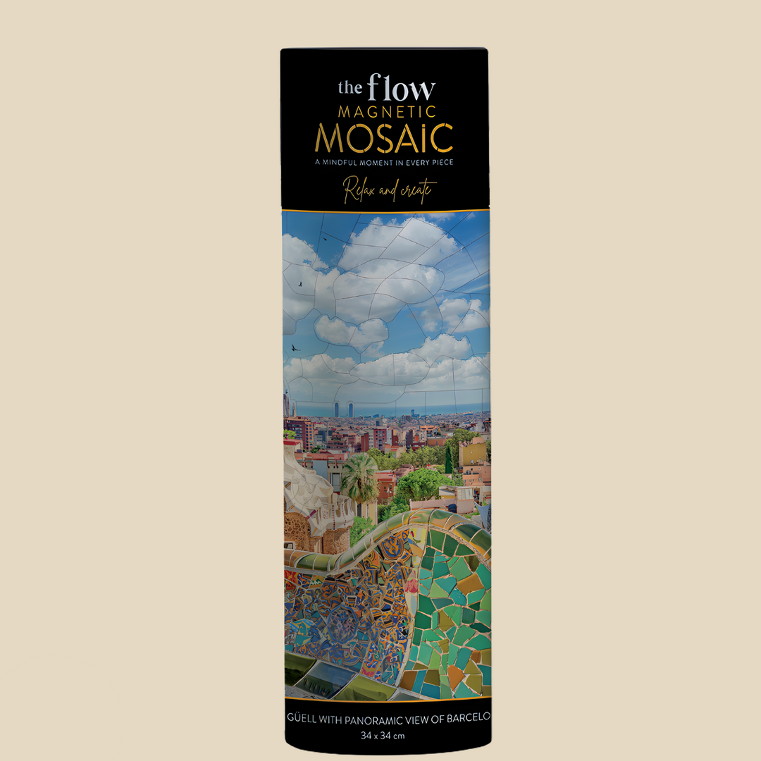 The Flow Brand Barcelona travel magnetic mosaic puzzle, completed Park Guell scene on its magnetic sheet