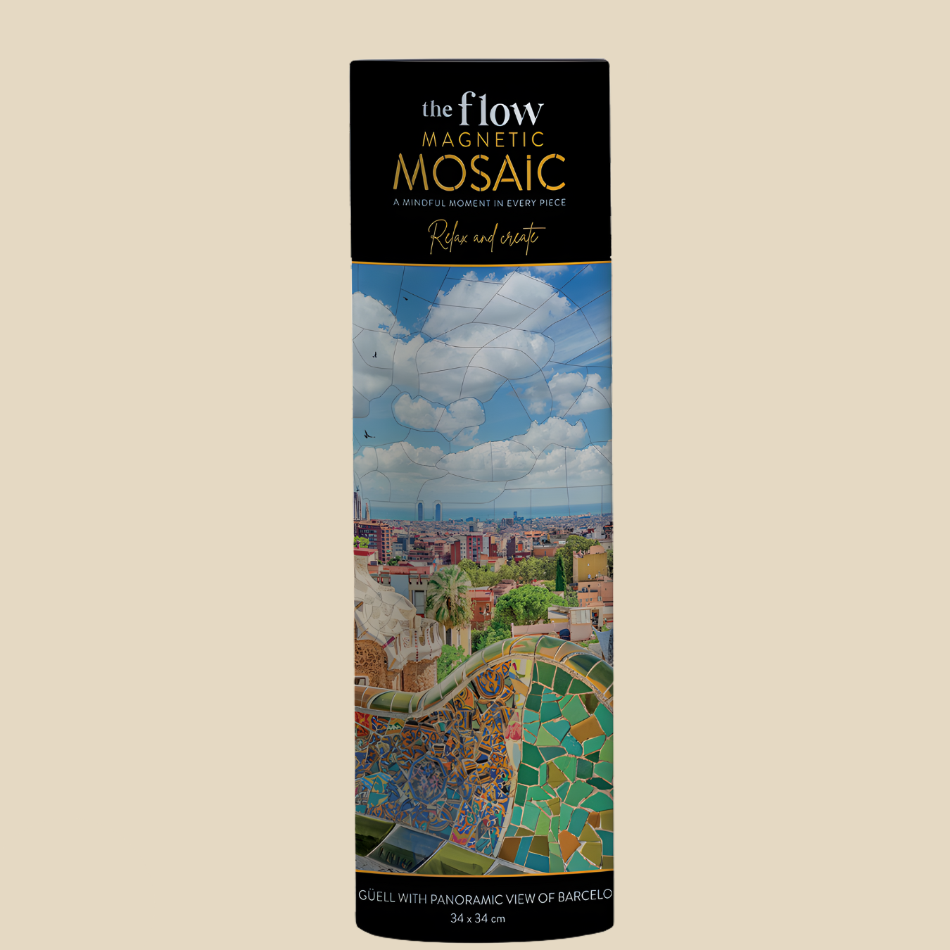 The Flow Brand Barcelona travel magnetic mosaic puzzle, completed Park Guell scene on its magnetic sheet