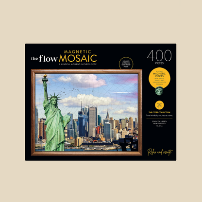 The Flow Brand New York magnetic mosaic puzzle, completed skyline and Statue of Liberty in its wooden display frame