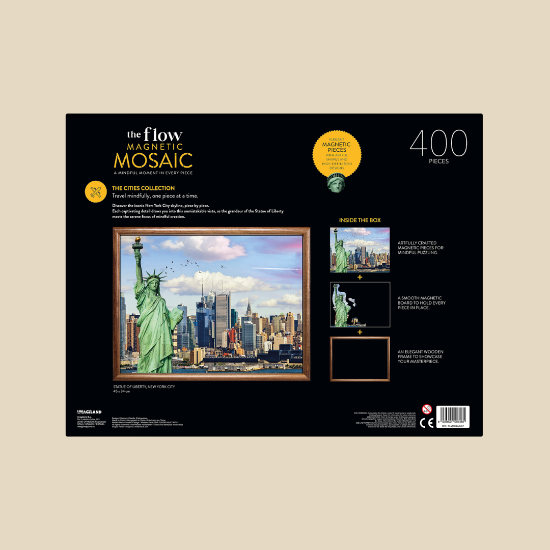 The Flow Brand New York magnetic mosaic puzzle, completed skyline and Statue of Liberty in its wooden display frame
