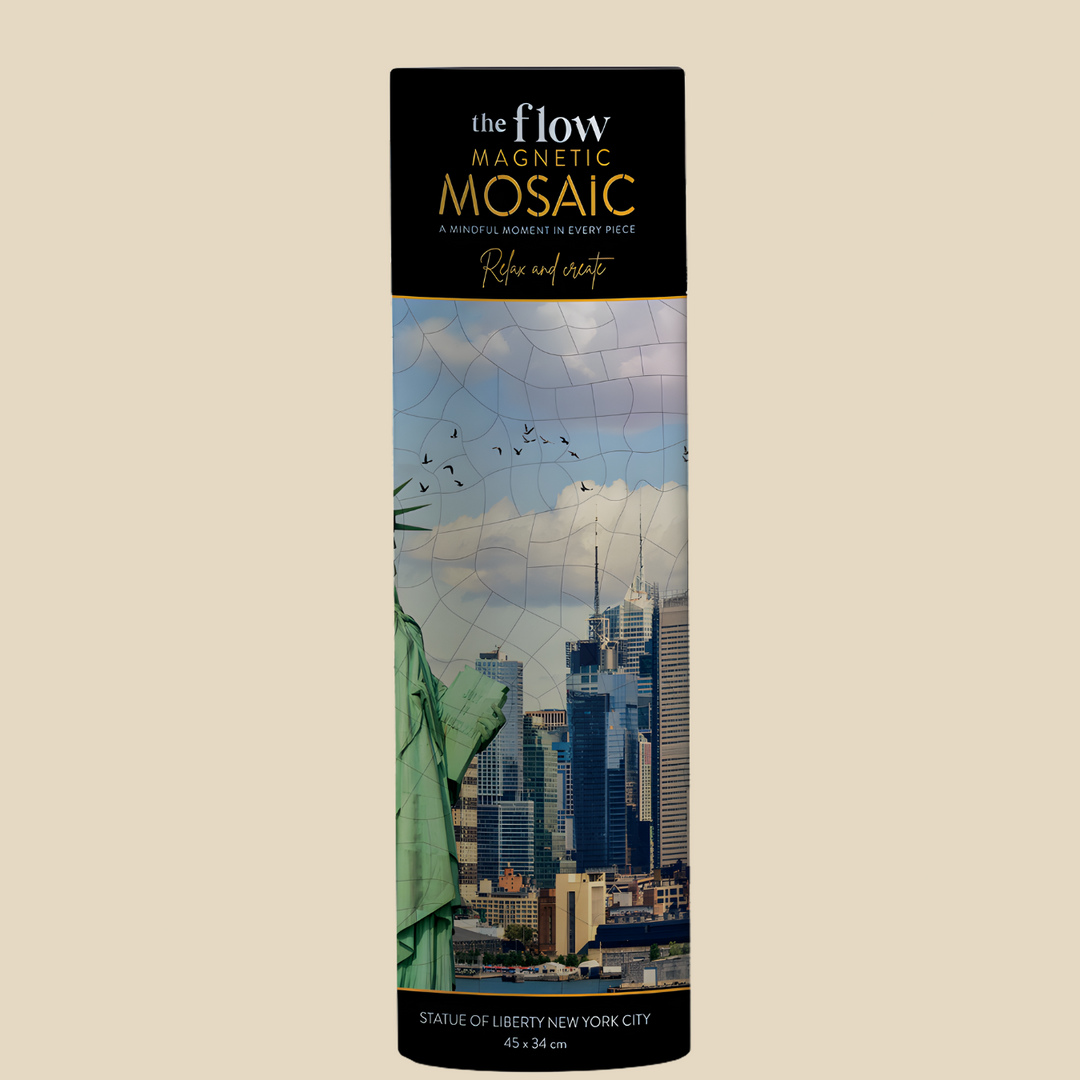 The Flow Brand New York travel magnetic mosaic puzzle, completed skyline on its magnetic sheet