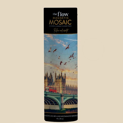 The Flow Brand London travel magnetic mosaic puzzle, completed cityscape on its magnetic sheet
