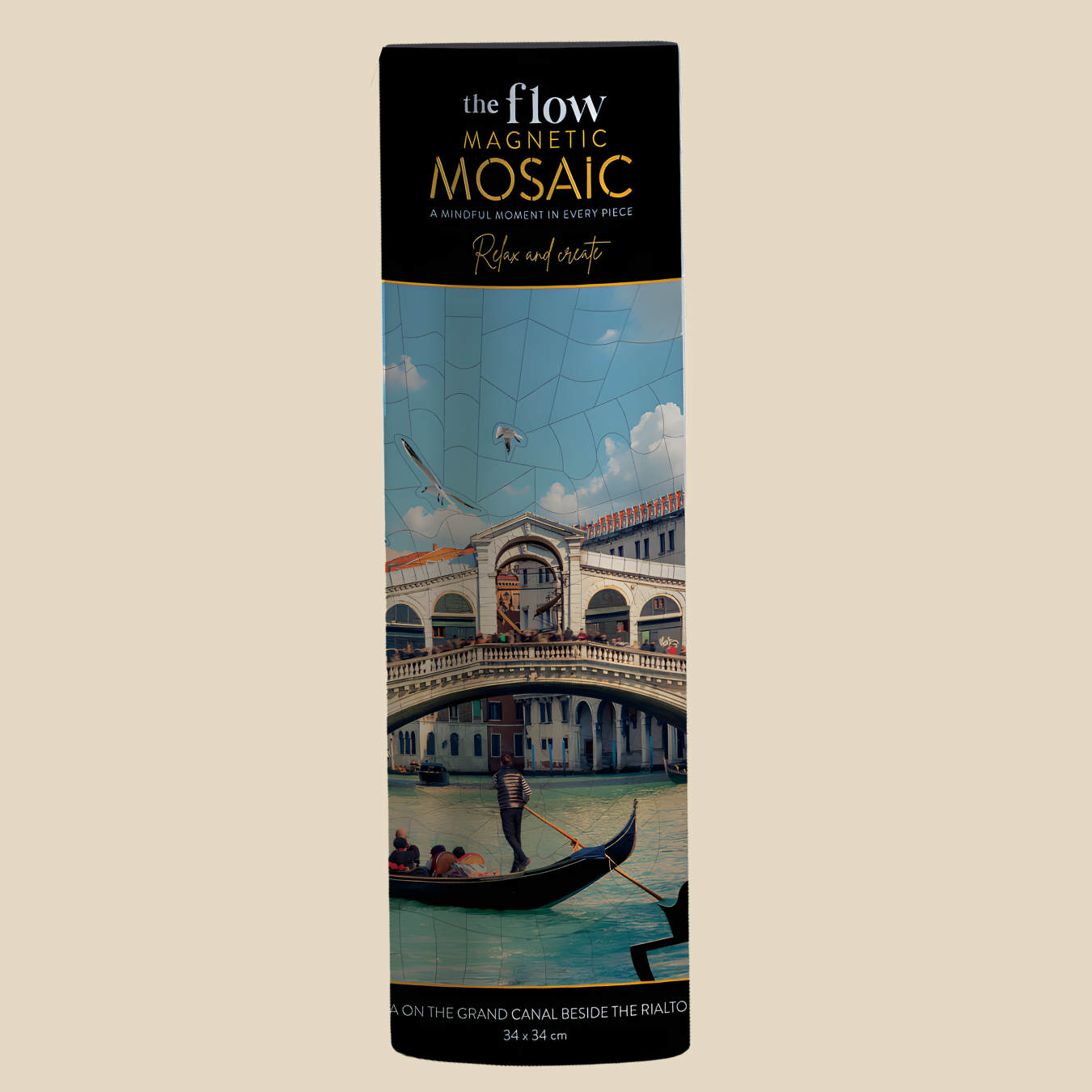 The Flow Brand Venice travel magnetic mosaic puzzle, completed canal scene on its magnetic sheet