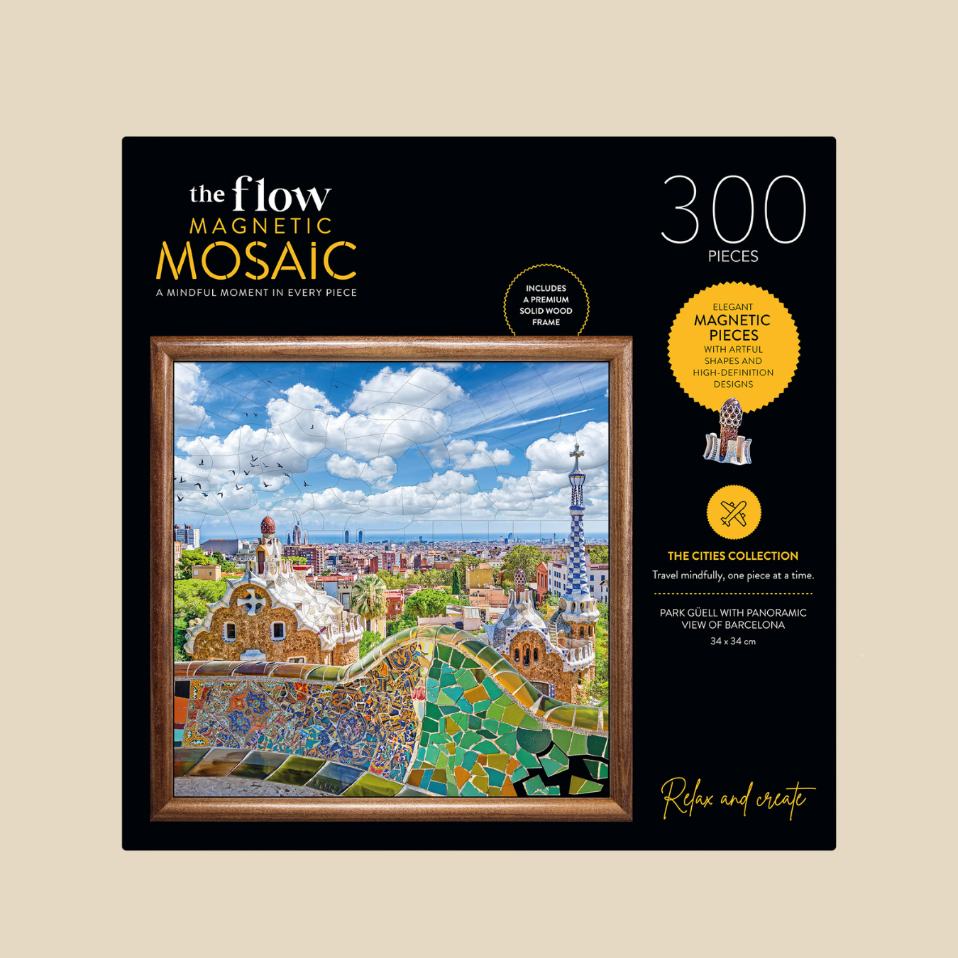 The Flow Brand Barcelona magnetic mosaic puzzle, completed Park Guell scene in its wooden display frame