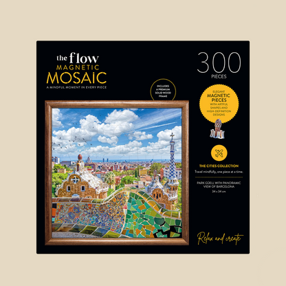 The Flow Brand Barcelona magnetic mosaic puzzle, completed Park Guell scene in its wooden display frame
