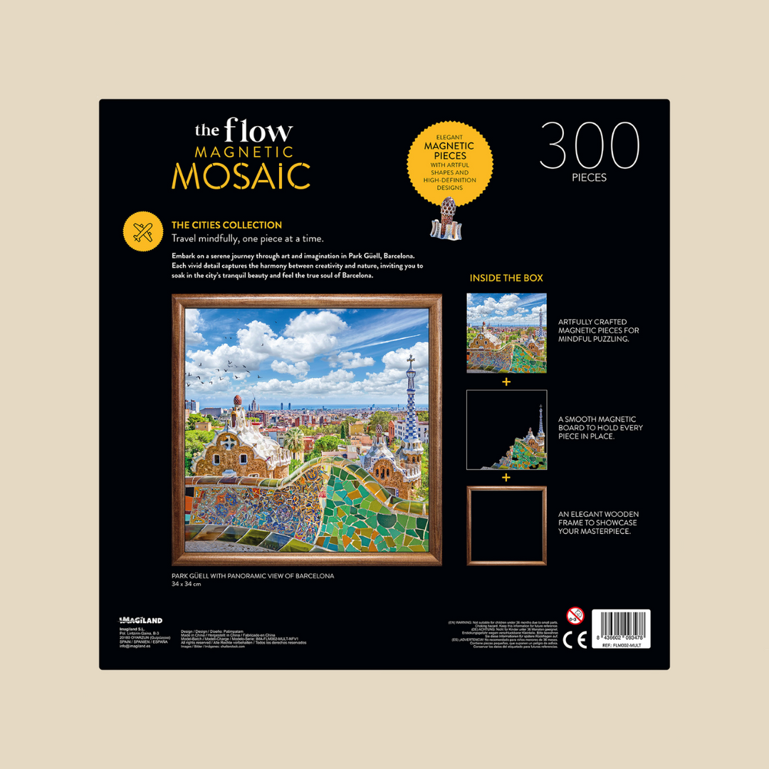 The Flow Brand Barcelona magnetic mosaic puzzle, completed Park Guell scene in its wooden display frame