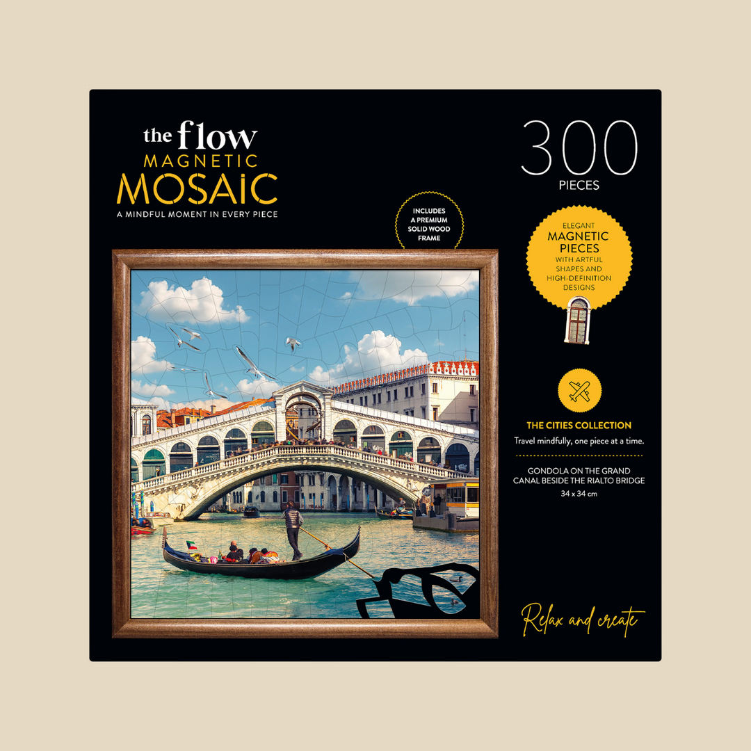 The Flow Brand Venice magnetic mosaic puzzle, completed canal scene in its wooden display frame