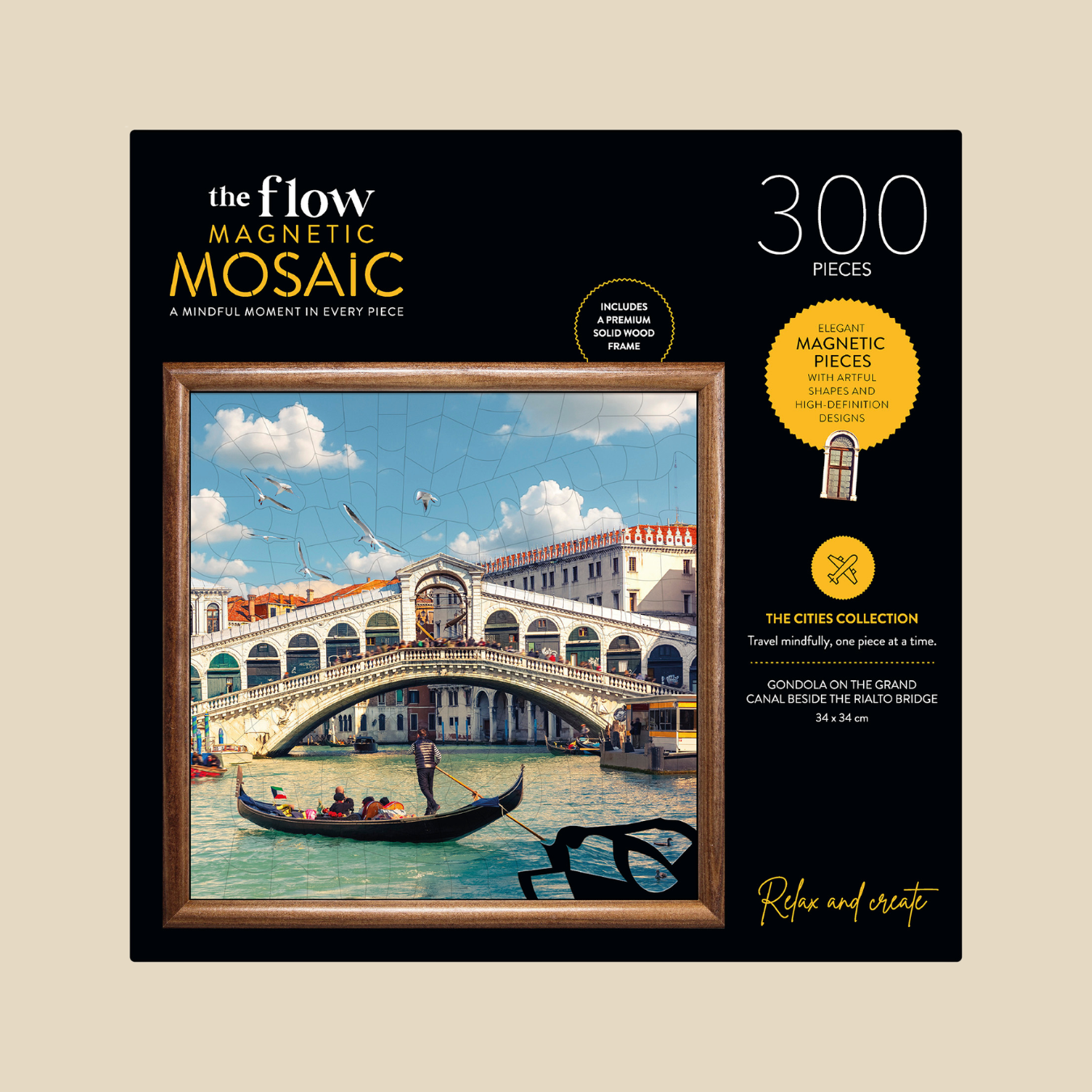 The Flow Brand Venice magnetic mosaic puzzle, completed canal scene in its wooden display frame