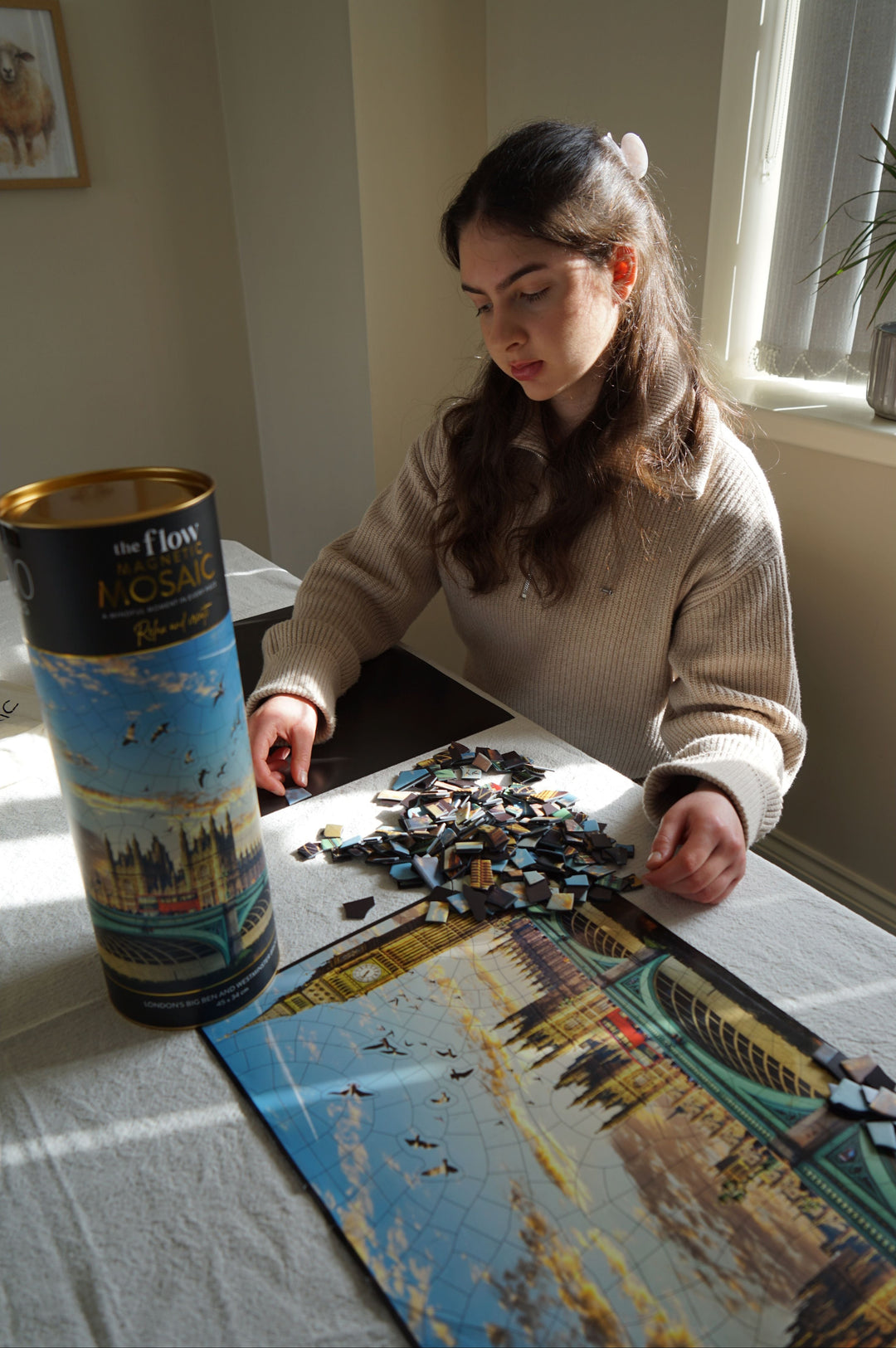 The Flow Brand London travel magnetic mosaic puzzle, completed cityscape on its magnetic sheet