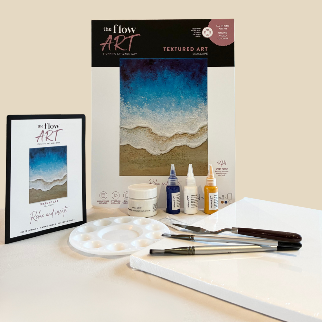 Seascape Texture Art kit by The Flow Brand, finished coastal 3D wall art on a wooden canvas frame